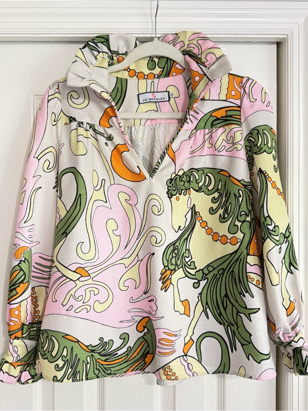 CK Bradley Printed Button-Down Blouse in Pink and Green